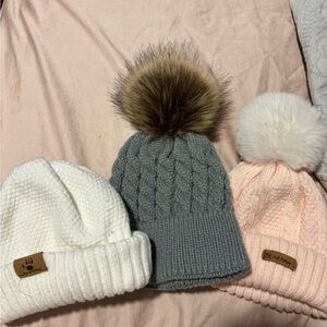 BearPaw Baby (6-12 month) Beanie Trio - Cream, Gray, Pink